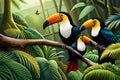 A cluster of colorful toucans perched on branches in a lush rainforest