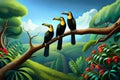 A cluster of colorful toucans perched on branches in a lush rainforest