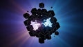 Cluster of dark geometric cubes exploding outwards with light rays explosion abstract Royalty Free Stock Photo