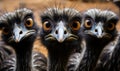 Cluster of Emu Heads with Expressive Eyes and Dark Feathers Curious Gaze of Flightless Birds Group Portrait Royalty Free Stock Photo