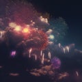 Cluster of festive fireworks. AI render.