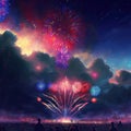 Cluster of festive fireworks. AI render. Royalty Free Stock Photo