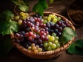 cluster of fresh grapes resting in a round wooden fruit baske