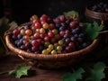 cluster of fresh grapes resting in a round wooden fruit baske