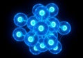 Cluster of glowing blue cellular structures with energetic inner cores interconnected in a scientific abstract visual Royalty Free Stock Photo