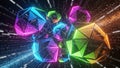 Cluster of Glowing Geometric Polyhedrons in Rainbow Colors Against a Starry Background abstract Royalty Free Stock Photo