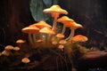 cluster of glowing mushrooms on a decaying stump
