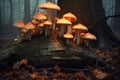 cluster of glowing mushrooms on a decaying stump