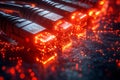 Cluster of glowing red cables connected to a network system visualizing data transmission and modern digital infrastructure