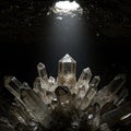 A cluster of large, transparent quartz crystals (SiO2) is illuminated by a focused beam