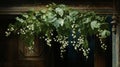 A cluster of mistletoe hanging from a doorway, with glossy green leaves