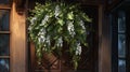 A cluster of mistletoe hanging from a doorway, with glossy green leaves