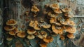 A cluster of mushrooms can be seen growing on the side of a tree trunk. The mushrooms vary in size and color, adding an Royalty Free Stock Photo