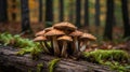 Cluster of Honey Fungus Mushrooms Growing on a Fallen Tree Trunk in Autumn Forest Royalty Free Stock Photo