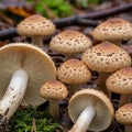 The mushrooms are growing on a forest floor scattered with twigs and moss Royalty Free Stock Photo