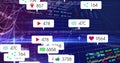 Cluster of play-button and heart icons floating in virtual analytics dashboard, with layered charts Royalty Free Stock Photo