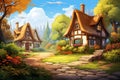 A cluster of quaint cottages in an idyllic countryside village vector fall background