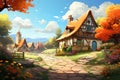 A cluster of quaint cottages in an idyllic countryside village vector fall background