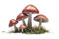 Cluster of red spotted mushrooms on a white background with green moss Royalty Free Stock Photo