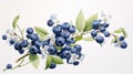 A cluster of ripe blueberries, their deep blue hue complemented by dainty blueberry blossoms and leaves