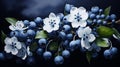 A cluster of ripe blueberries, their deep blue hue complemented by dainty blueberry blossoms and leaves