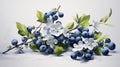 A cluster of ripe blueberries, their deep blue hue complemented by dainty blueberry blossoms and leaves