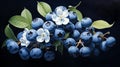 A cluster of ripe blueberries, their deep blue hue complemented by dainty blueberry blossoms and leaves