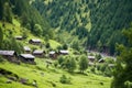 cluster of rustic huts in mountain forest