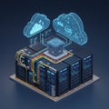 A cluster of server racks displaying colorful networking cables interconnects, topped Royalty Free Stock Photo