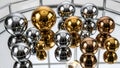 Shiny metallic spheres in silver gold and bronze are arranged on a reflective surface Royalty Free Stock Photo