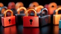 Cluster of shiny red padlocks on a reflective black keyboard, symbolizing data encryption, password protection, and corporate I