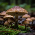 A cluster of small toadstools with brown caps dotted with water Royalty Free Stock Photo