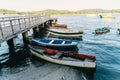 Cluster of small vessels moored near a shore in Rio de Janeiro, Brazil Royalty Free Stock Photo