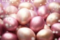 A cluster of sparkling pastel pink Easter eggs adorned with delicate spots.