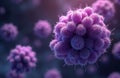 Cluster of spherical Staphylococcus aureus bacteria cells with spiky surface. Microorganisms purple colored. Close up view of Royalty Free Stock Photo