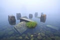 cluster of sunken stone sarcophagi in a misty lake