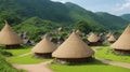 Cluster of thatched-roof huts in a remote village.