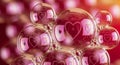 A cluster of transparent soap bubbles with reflections of heart shapes inside, against Royalty Free Stock Photo