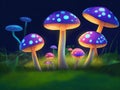 A cluster of vibrant mushrooms perched atop a luxuriant green field beneath a deep purple sky.