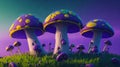 A cluster of vibrant mushrooms perched atop a luxuriant green field beneath a deep purple sky.