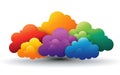 Cluster of vibrant rainbow colored clouds on a white background, representing diversity in cloud computing, data storage, and a