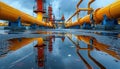 Yellow pipes reflect in water puddle, under cloudy sky Royalty Free Stock Photo