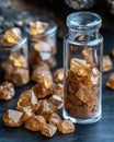Raw monazite ore with coarse sandy texture and processed monazite powder in a glass vial on a laboratory surface Royalty Free Stock Photo