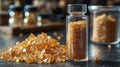 Raw monazite ore with coarse sandy texture and processed monazite powder in a glass vial on a laboratory surface Royalty Free Stock Photo