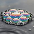 Clusters of soap bubbles float on a water surface, displaying iridescent patterns with Royalty Free Stock Photo