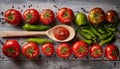 Clusters of tomatoes on a rustic wooden table and tomato paste in a wooden spoon Royalty Free Stock Photo