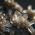 Clusters of transparent quartz crystals (SiO2) emerging from a dark, textured rock