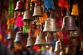 a clutter of bells in a colourful hindu temple