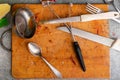 Clutter and chaos on the kitchen table. Uncleaned, dirty kitchen utensils Royalty Free Stock Photo