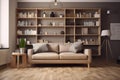 clutter-free living room, with cozy couch and bookshelf, for relaxing and reading